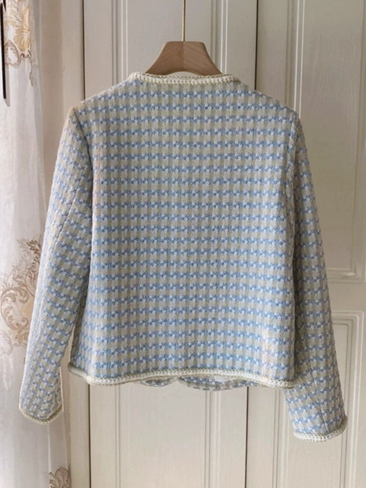 Damen Tweed-Jacke, blau-weiß kariert, elegant, langärmelig, Vintage-Stil, Rückansicht.