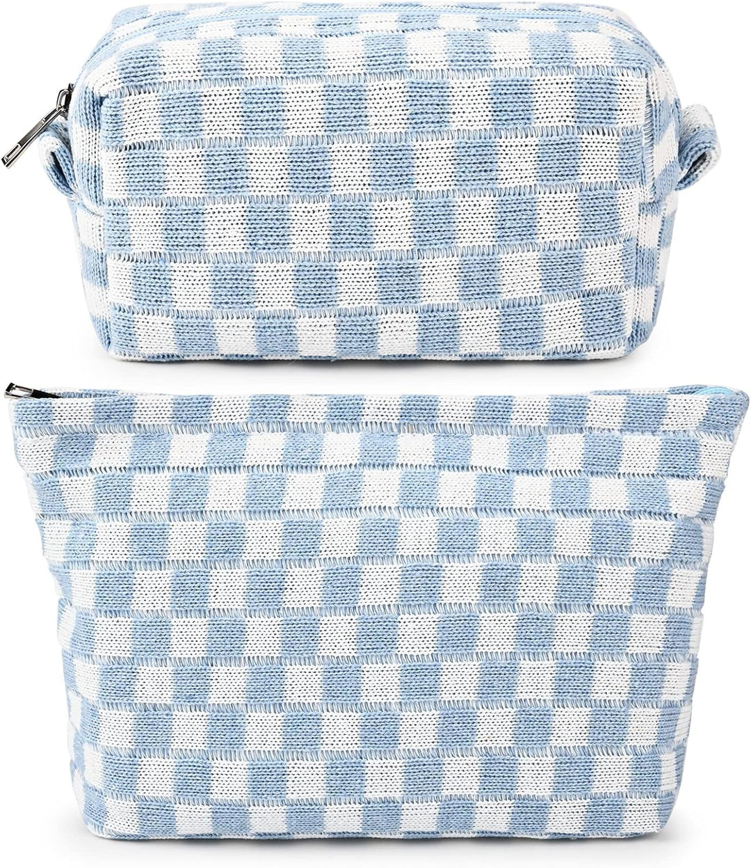 Hellblau-weiß karierte Kosmetiktasche, Reißverschluss, Baumwolle, Reise-Organizer, stilvoll.
