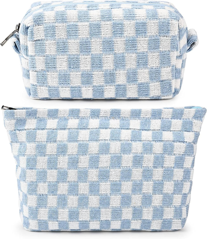 Hellblau-weiß karierte Kosmetiktasche, Reißverschluss, Baumwolle, Reise-Organizer, stilvoll.