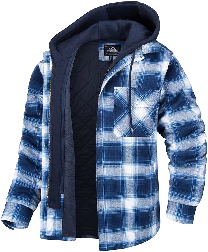 Blau-weiß kariertes Herrenhemd mit Kapuze, gefüttert, Baumwolle, Freizeitmode.