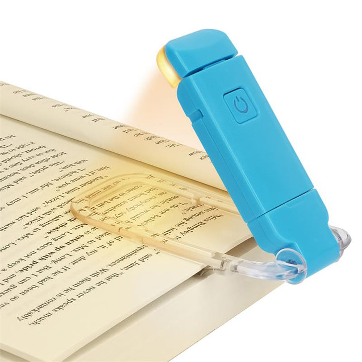 Blaue LED-Leselampe, tragbar, aufladbar, mit Clip, ideal für Bücher, Reisen, Nachtlesen.