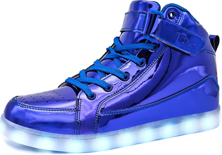 Blaue LED-Sneaker für Kinder, glänzend, mit Klettverschluss und leuchtender Sohle.