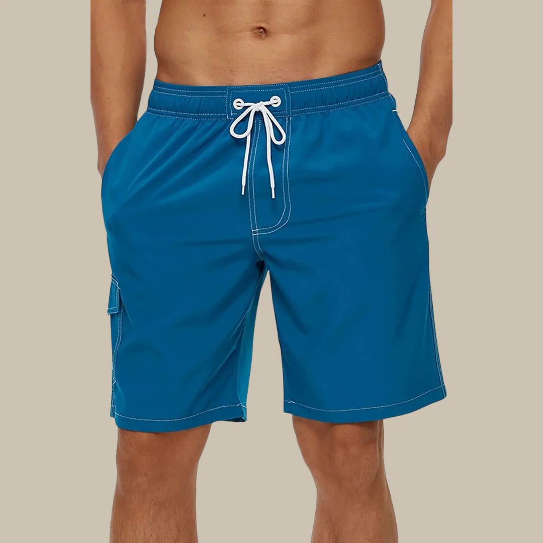Männer-Badeshorts blau, Kordelzug, Taschen, schnell trocknend, Strandmode, Sommerbekleidung.