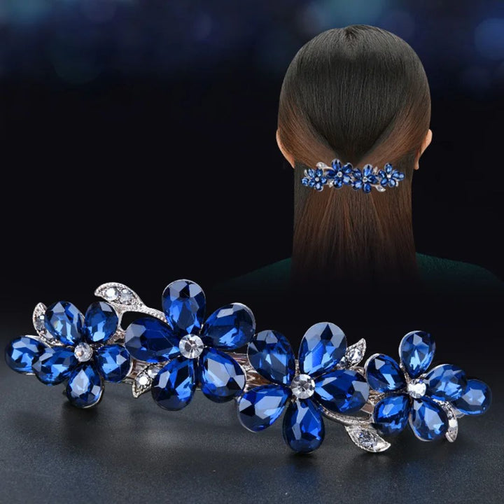 Blaue Kristall-Haarspange, Blumen-Design, eleganter Haarschmuck, Damen-Accessoire.