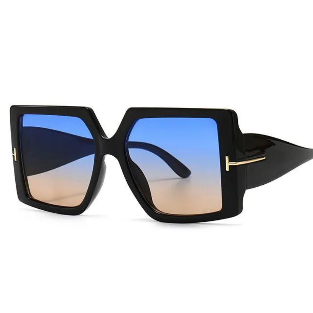 Schwarze Sonnenbrille, eckig, blau-braune Gläser, Unisex, modisch, UV-Schutz.