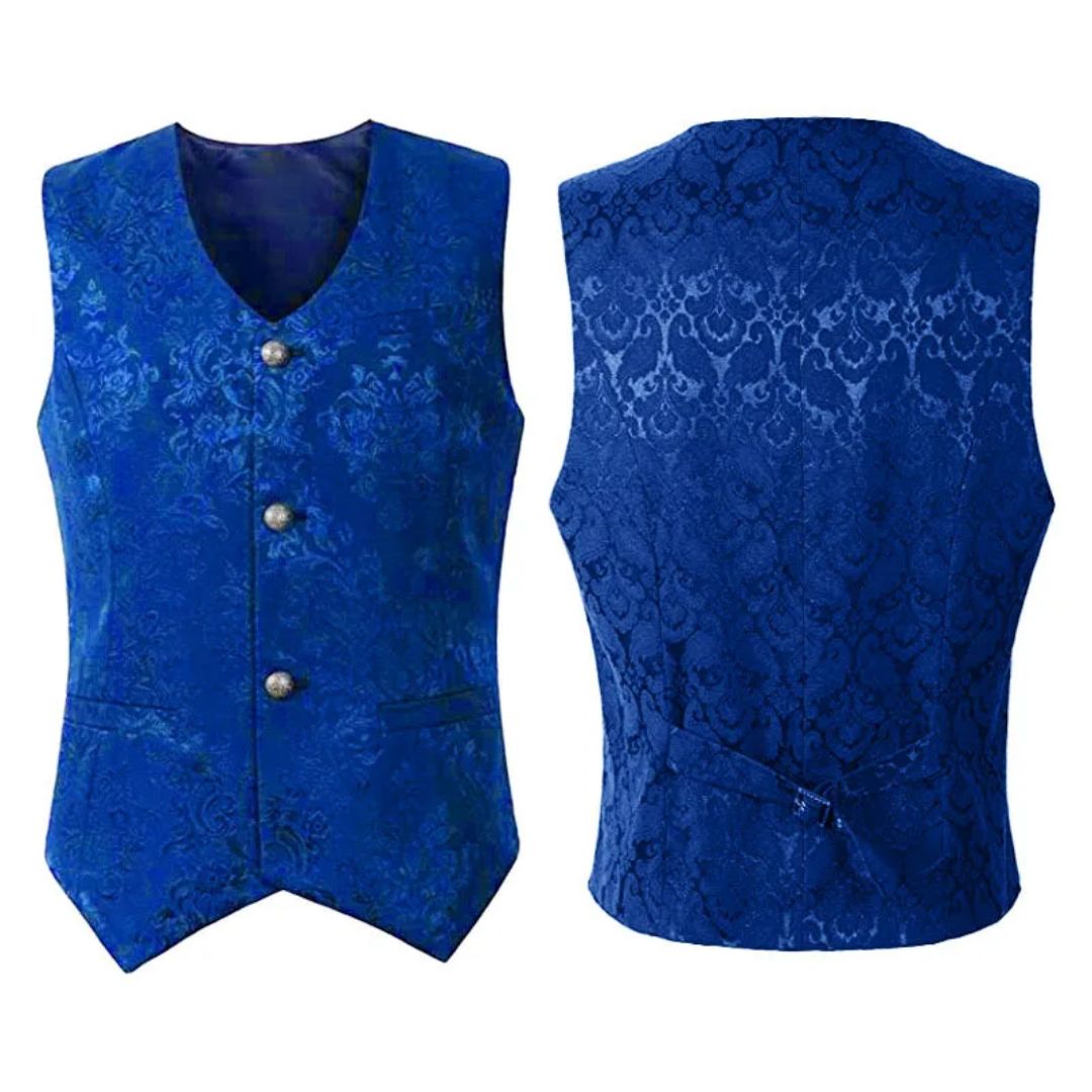 Blaue Brokatweste Herren, elegantes Design, Knöpfe, V-Ausschnitt, festliche Mode.