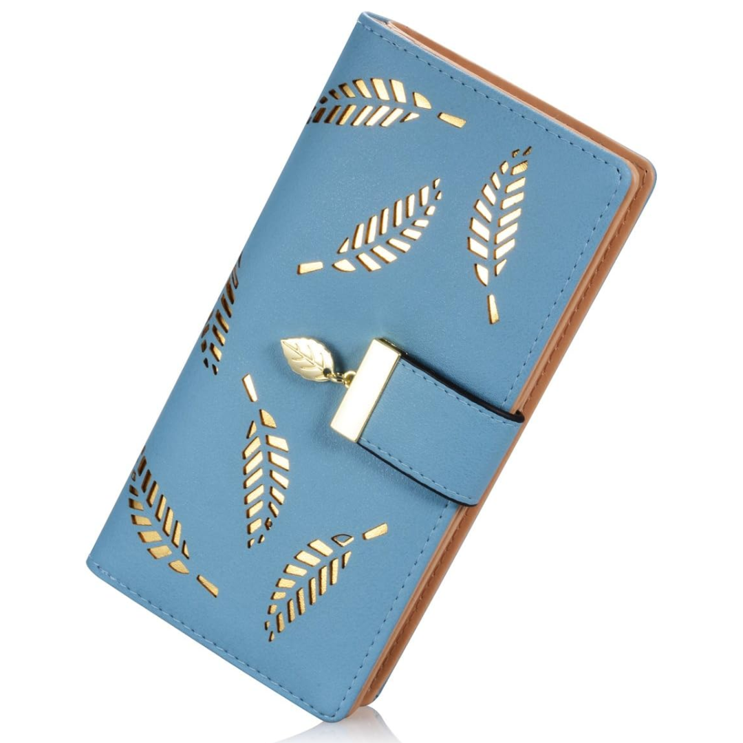 Blaue Damen-Geldbörse mit Blattmuster, Kunstleder, modisches Design, Kartenfächer.