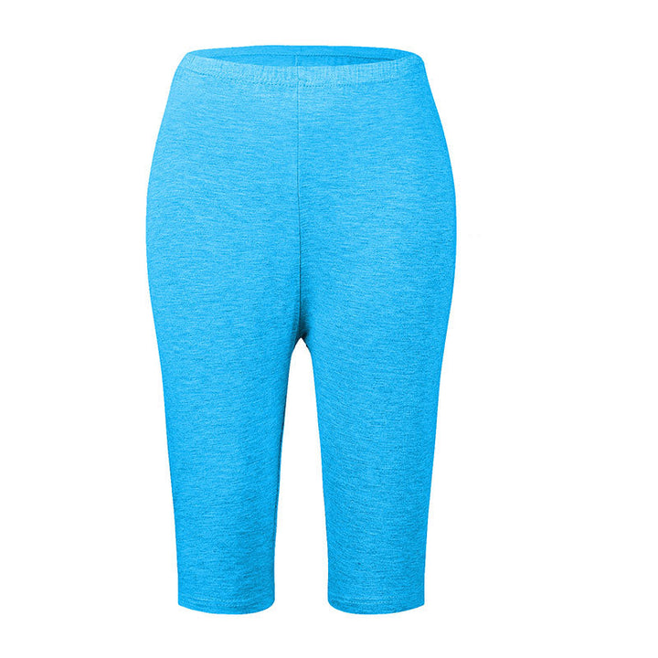 Blaue Damen-Leggings, knielang, elastisch, bequem, ideal für Sport und Freizeit.