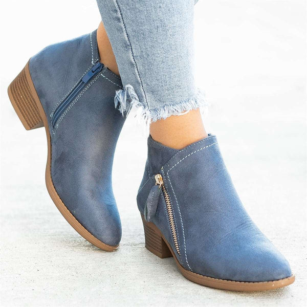 Blaue Damen-Stiefeletten aus Wildleder mit Reißverschluss, niedriger Absatz, modisch, bequem.