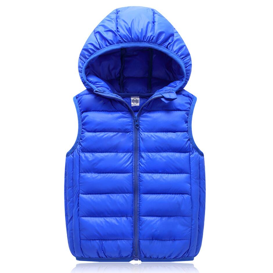 Blaue Daunenweste mit Kapuze, ärmellos, Reißverschluss, Wintermode, Unisex, Outdoor-Bekleidung.