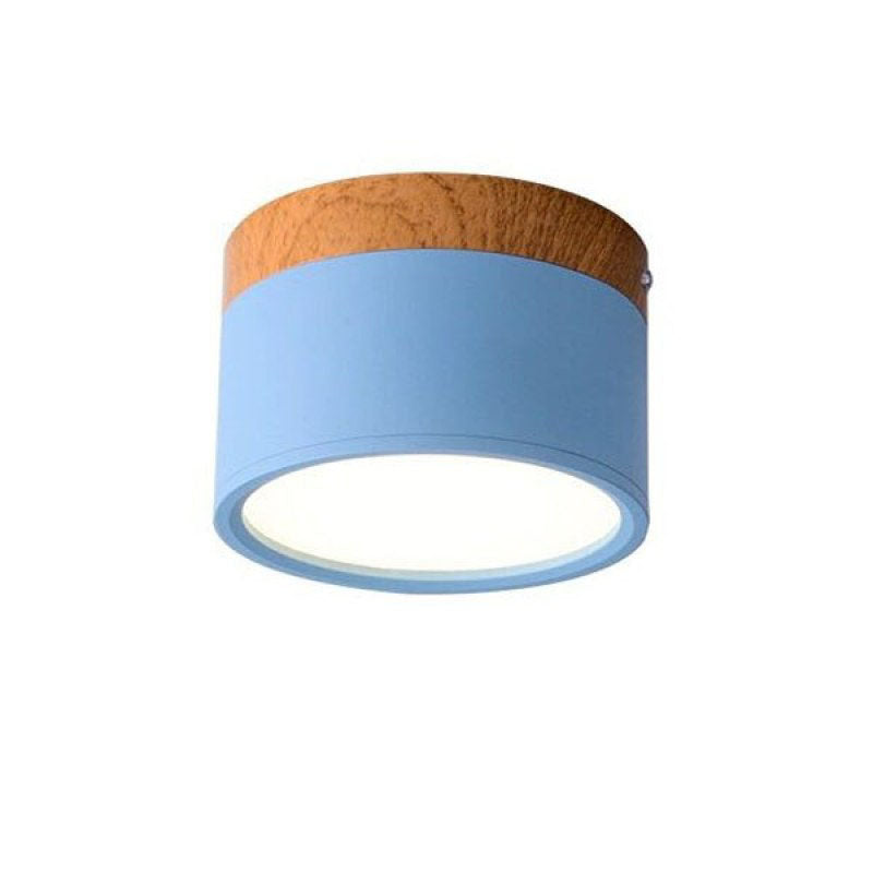 Blaue Deckenleuchte mit Holz, LED, modern, rund, Innenbeleuchtung, skandinavisches Design.