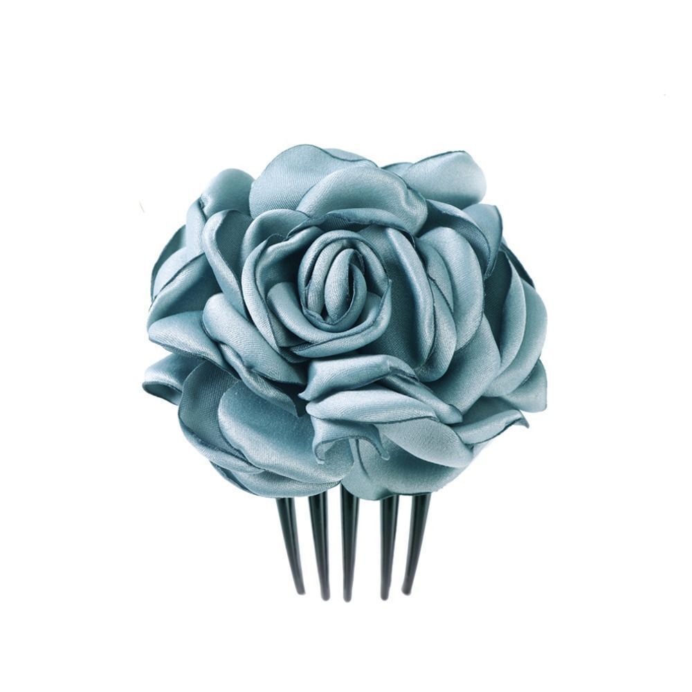 Blauer Satin-Haarkamm mit Rosenblüten, elegantes Accessoire für Hochzeiten und besondere Anlässe.