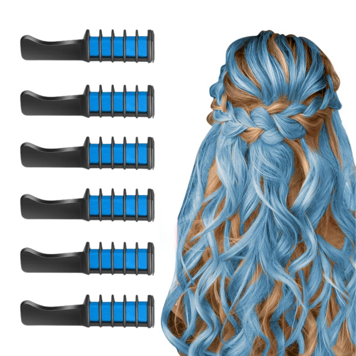 Sechs blaue Haarstyling-Werkzeuge und geflochtenes blaues Haar, Frisurenzubehör.