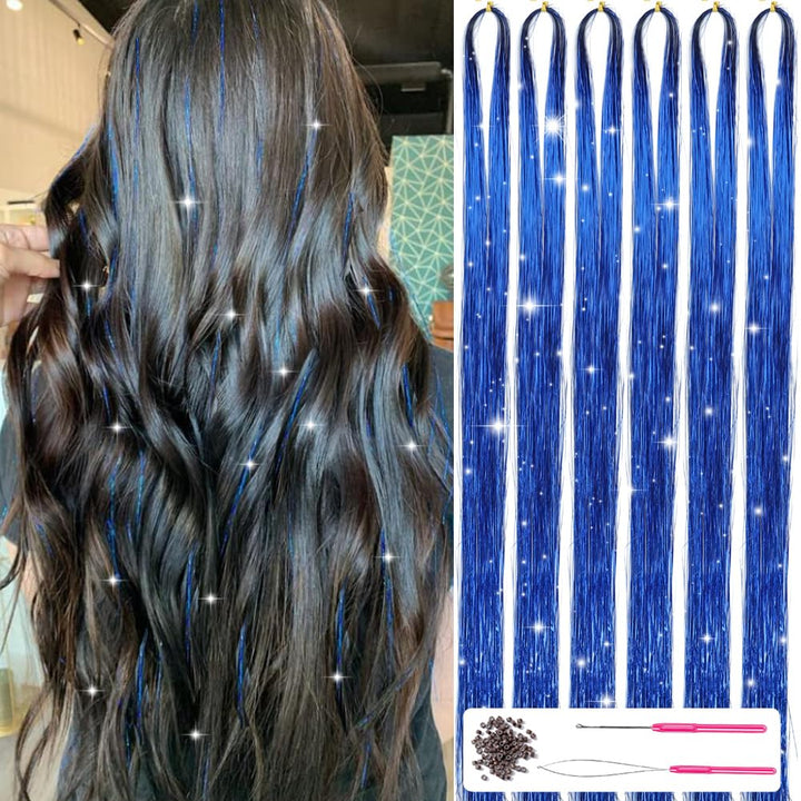 Dunkelbraune Haare mit blauen Glitzersträhnen, Haarverlängerung, Party-Accessoire.