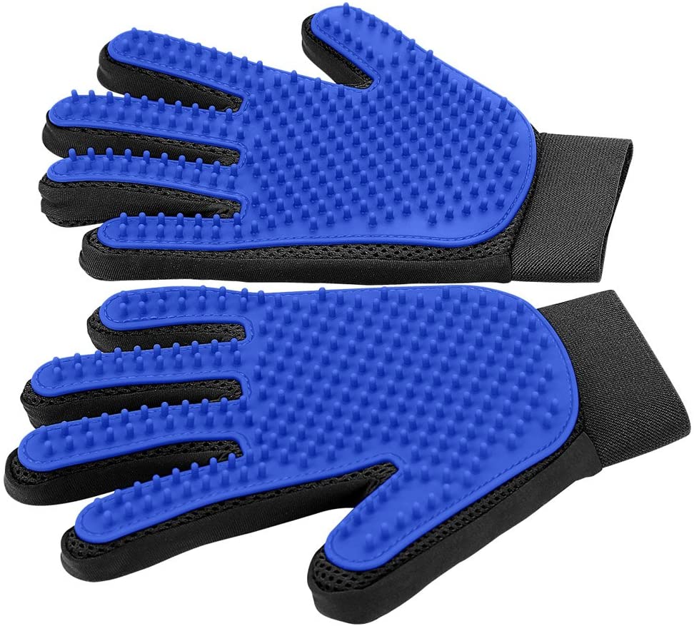 Blaue Haustierpflege-Handschuhe mit Noppen, ideal zum Entfernen von Tierhaaren.