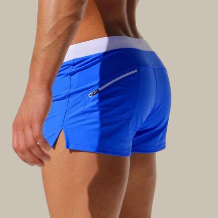 Männer Sportshorts Blau, Reißverschluss, Fitness, atmungsaktiv, elastisch, Sommermode.