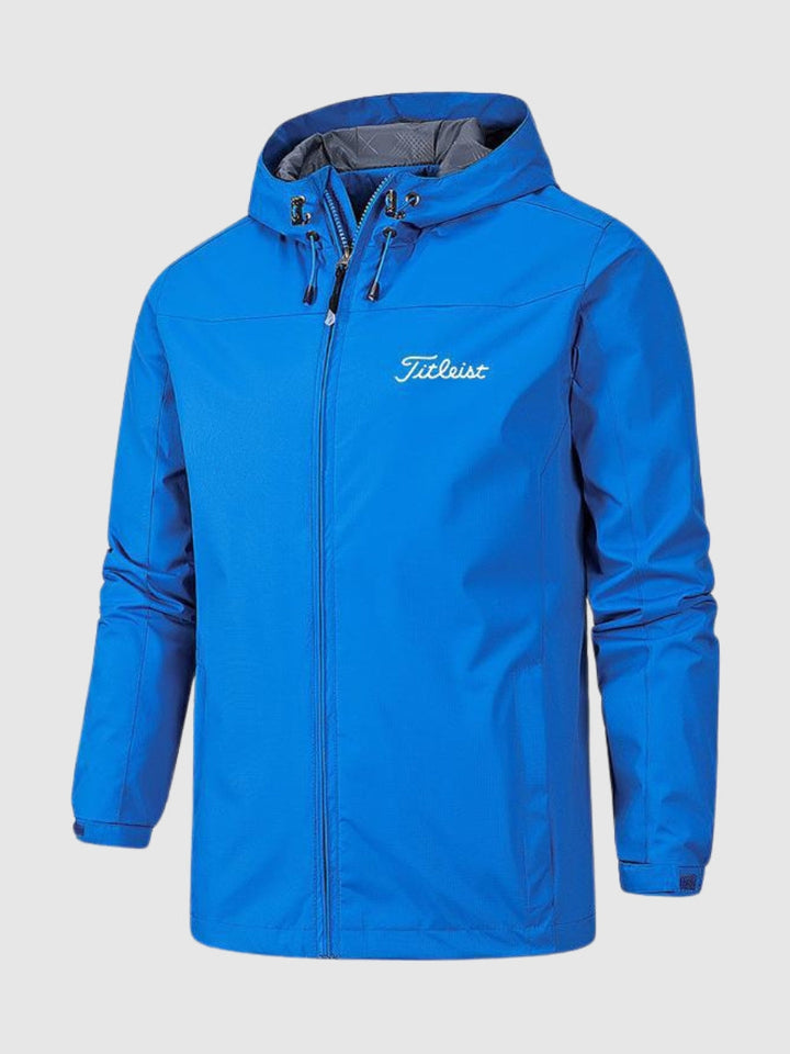 Blaue Titleist Herren-Golfjacke mit Kapuze, wasserabweisend, ideal für Outdoor-Sport.