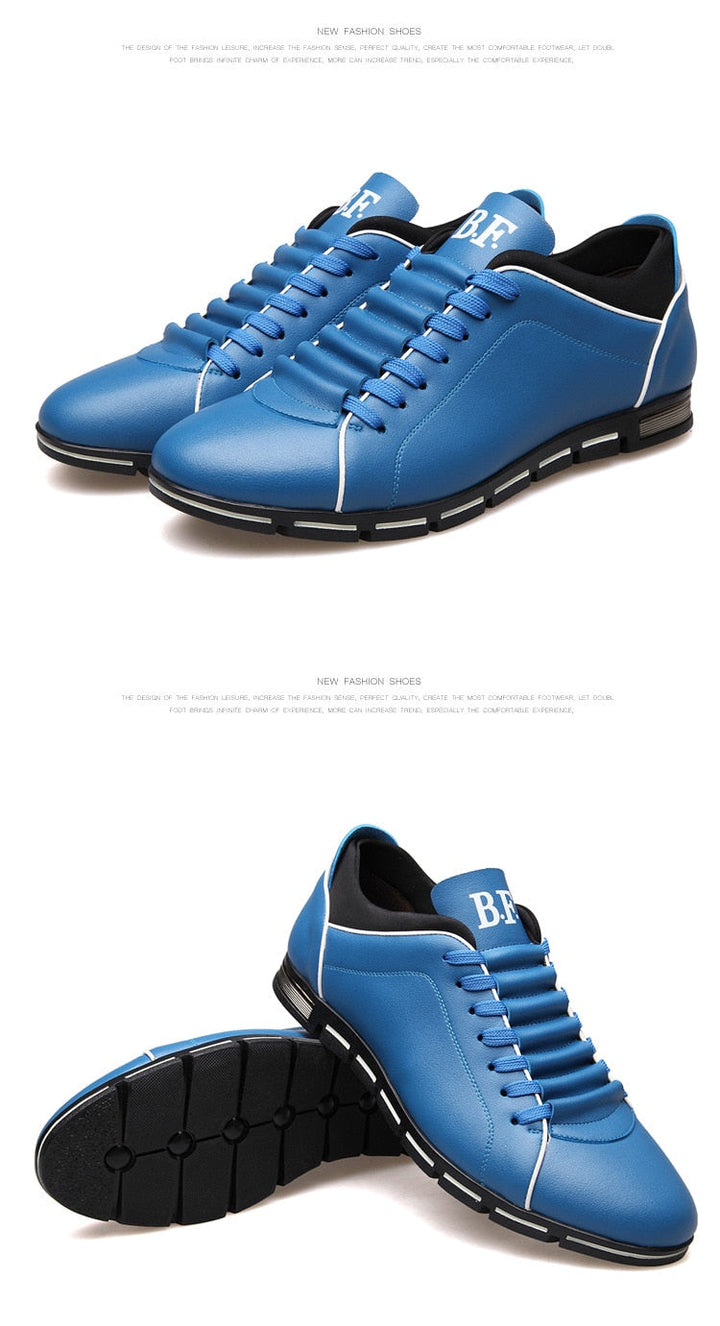 Blaue Herrensneaker aus Leder mit weißer Sohle, modisches Design, bequeme Freizeitschuhe.