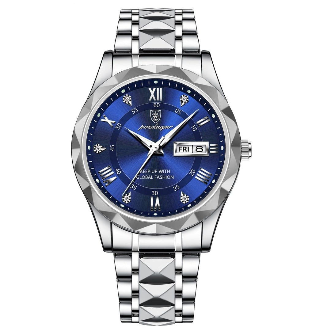 Silberne Herrenarmbanduhr mit blauem Zifferblatt, Edelstahlarmband, römische Ziffern, Datumsanzeige.
