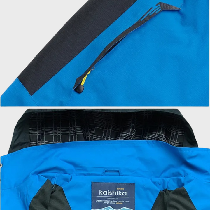 Blauer Outdoor-Jacke mit Reißverschluss, Kaishika-Label, wasserabweisend, funktional.