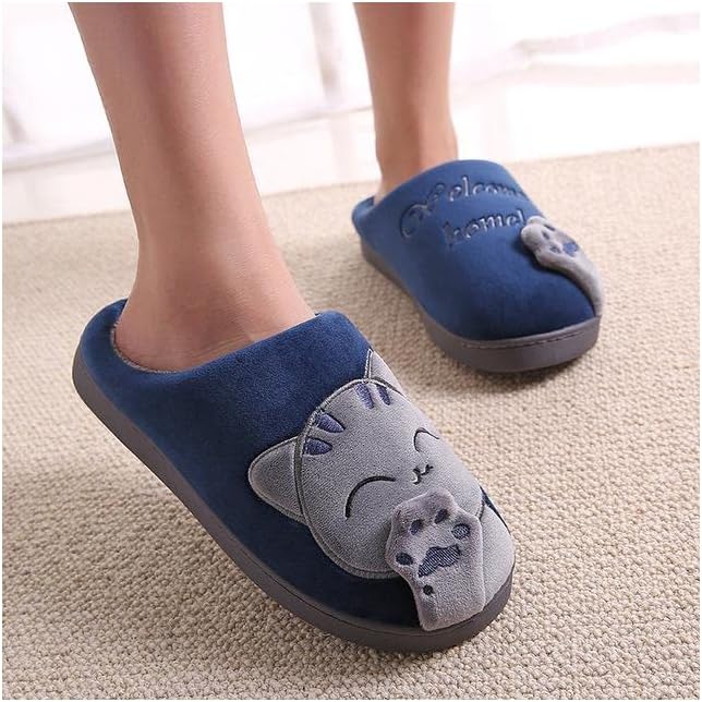 Blaue Hausschuhe mit Katzenmotiv, Plüsch, rutschfest, Damen, gemütlich, Geschenkidee.