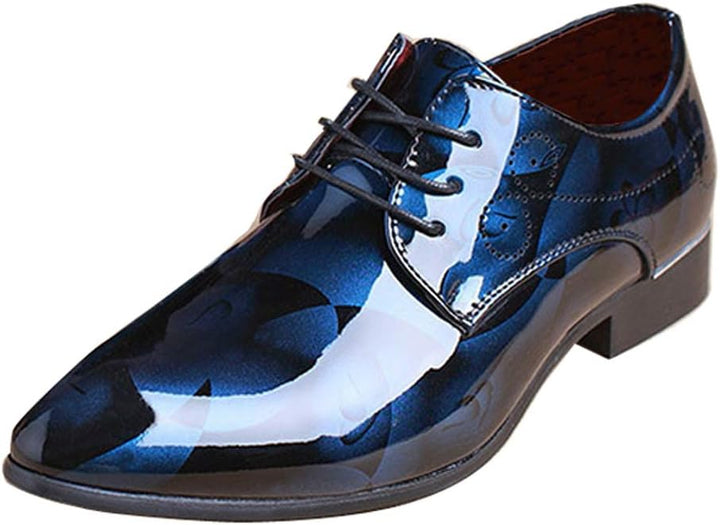 Blauer Lackleder-Herrenschuh, elegantes Design, Schnürung, formelle Anlässe, glänzend.