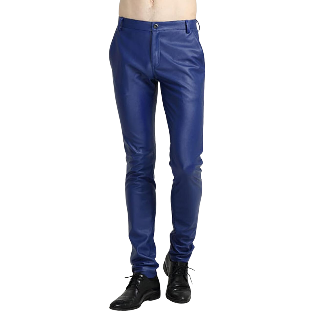 Blaue Herren-Lederhose, schmal geschnitten, modisch, elegant, ideal für Partys und Events.