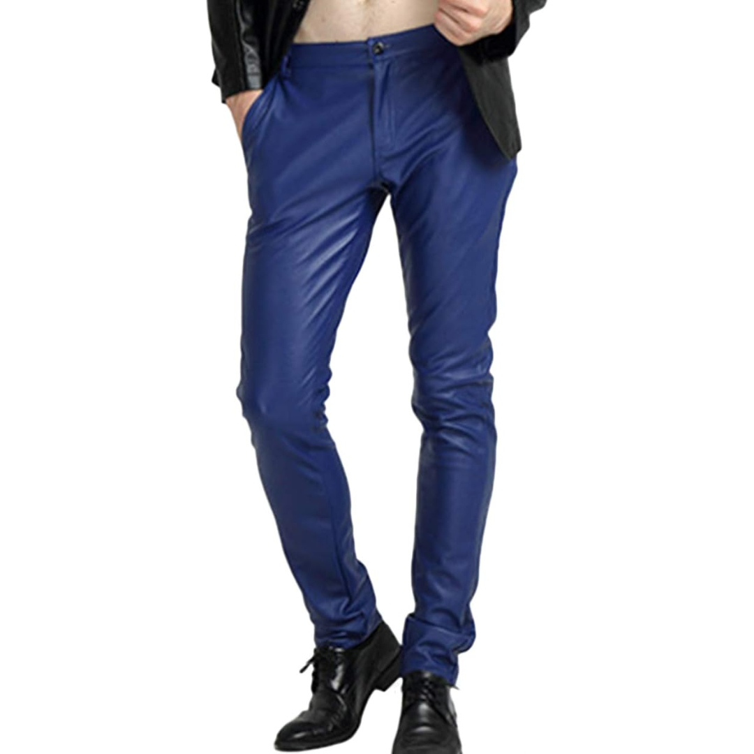 Blaue Lederhose für Herren, modisch, eng anliegend, ideal für Partys und Freizeit.