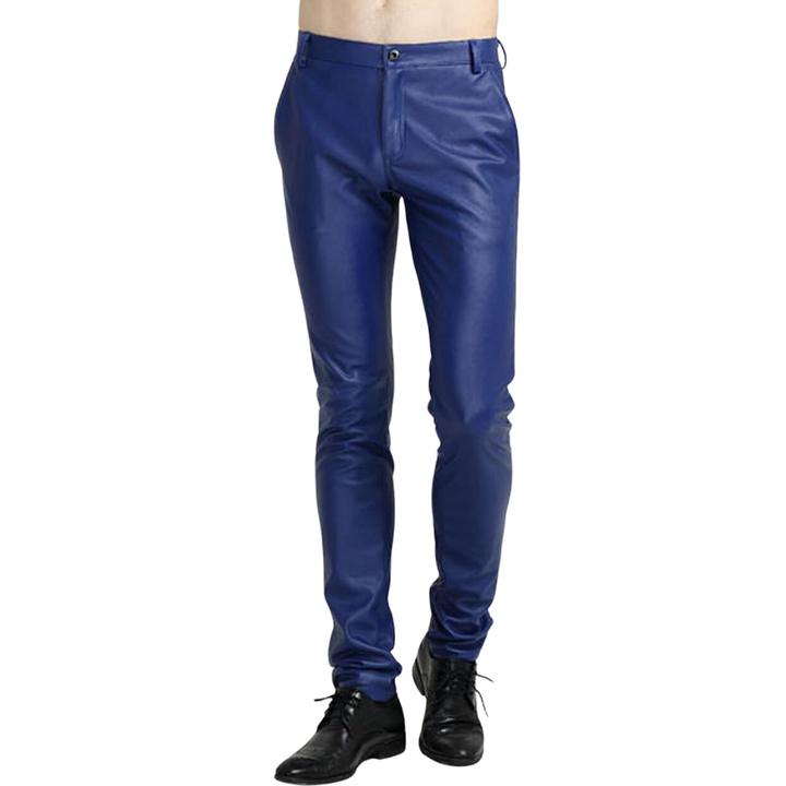 Blaue Lederhose für Herren, schmal geschnitten, modisch, elegant, ideal für Partys und Events.