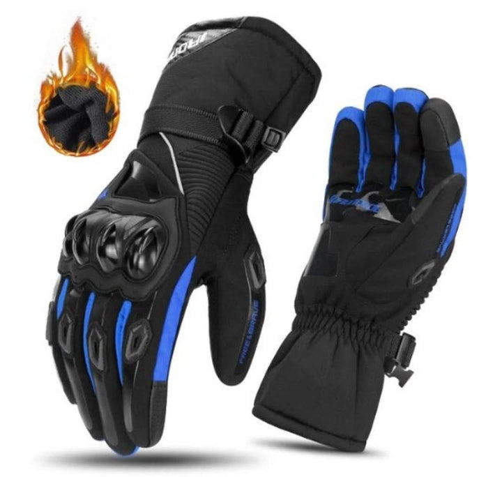 Schwarze und blaue Motorradhandschuhe mit Knöchelschutz, wasserdicht, winddicht, rutschfest.