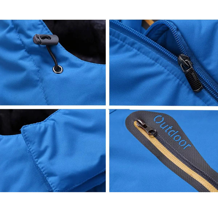 Blaue Outdoor-Jacke mit Reißverschluss und Kordelzug, wasserabweisend, für Herren.
