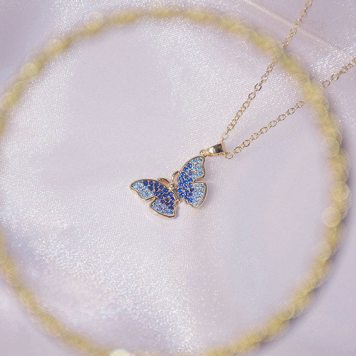 Blaue Schmetterling Halskette, Zirkonia, goldene Kette, modisch, Damen Schmuck, elegant.