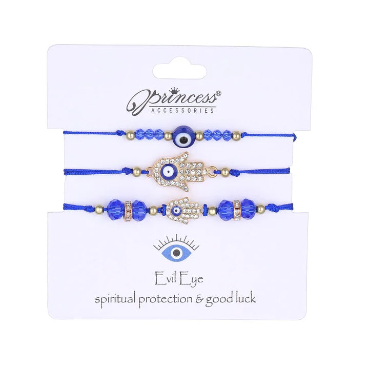 Drei blaue Armbänder mit Hamsa und Nazar-Amulett, Schmuck für spirituellen Schutz und Glück.