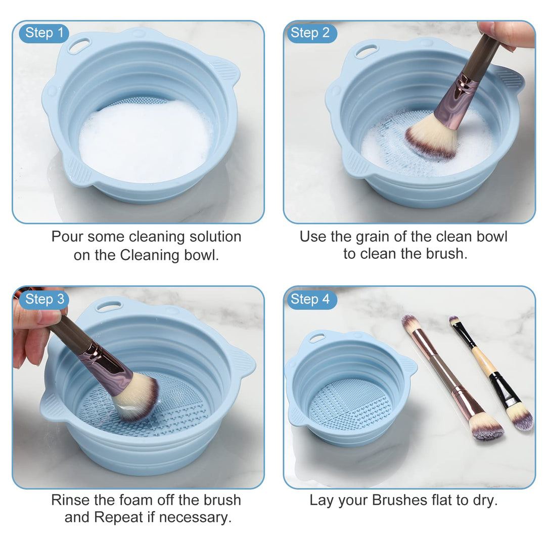 Blauer Silikon-Reinigungsbehälter für Make-up-Pinsel mit Bürste und Anleitung.