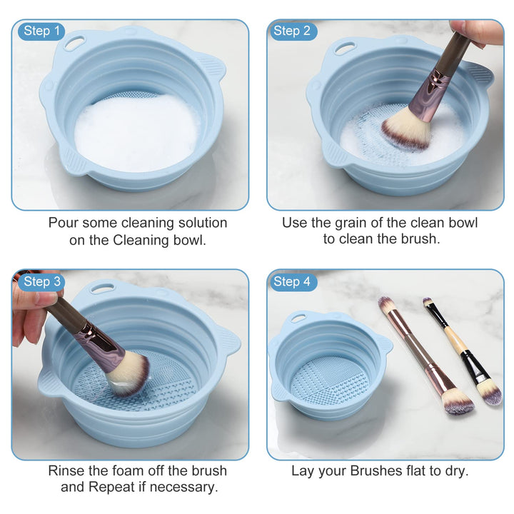 Blauer Silikon-Reinigungsbehälter für Make-up-Pinsel mit Bürste und Anleitung.