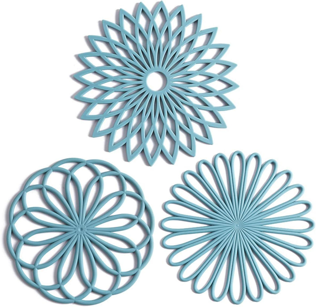 Blaue Silikon-Untersetzer Set, hitzebeständig, rutschfest, geometrisches Design, Küche Zubehör.