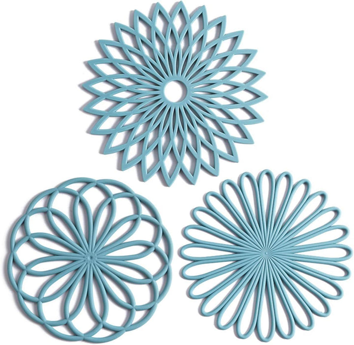 Blaue Silikon-Untersetzer Set, hitzebeständig, rutschfest, geometrisches Design, Küche Zubehör.