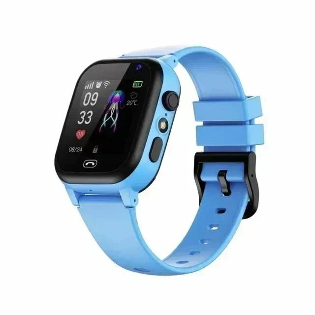 Blaue Smartwatch mit Touchscreen, Fitness-Tracker, Bluetooth, wasserdicht, für Kinder.