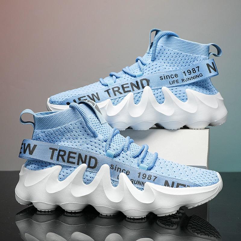 Blaue Laufschuhe, atmungsaktiv, modisches Design, wellenförmige Sohle, Herren-Sneaker.