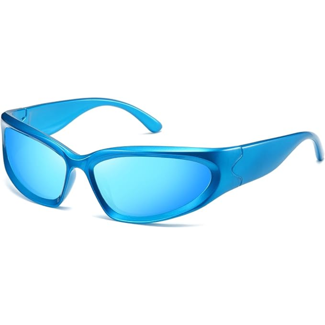 Blaue Sonnenbrille, sportliches Design, UV-Schutz, modisches Accessoire für Damen und Herren.