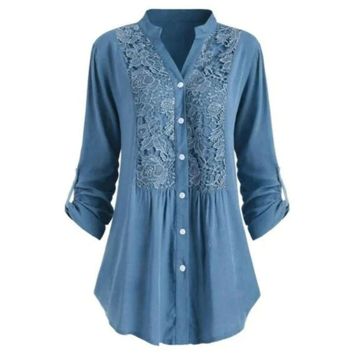Blaue Damenbluse mit Spitze, Knopfleiste, 3/4-Ärmel, elegant, lässig, Baumwolle.