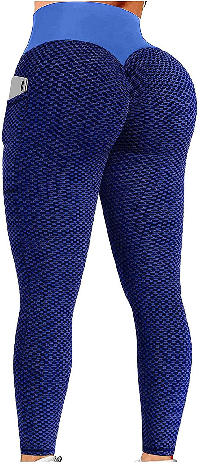 Damen Sportleggings blau, hoch tailliert, mit Tasche, nahtlos, elastisch, Fitnessmode.
