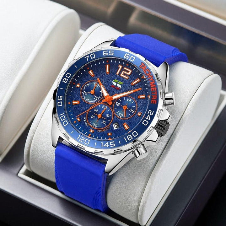 Luxus Herrenchronograph, blaues Zifferblatt, Edelstahlgehäuse, blaues Silikonarmband.
