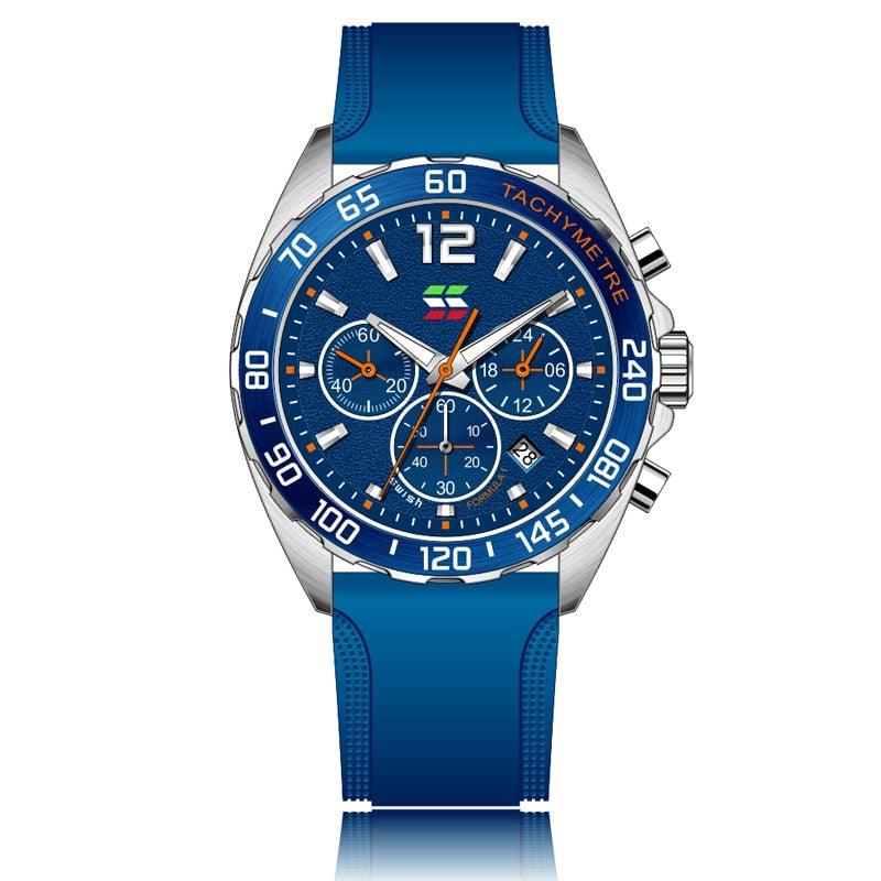 Blaue Herrenarmbanduhr mit Tachymeter, Edelstahlgehäuse, Chronograph, sportliches Design.