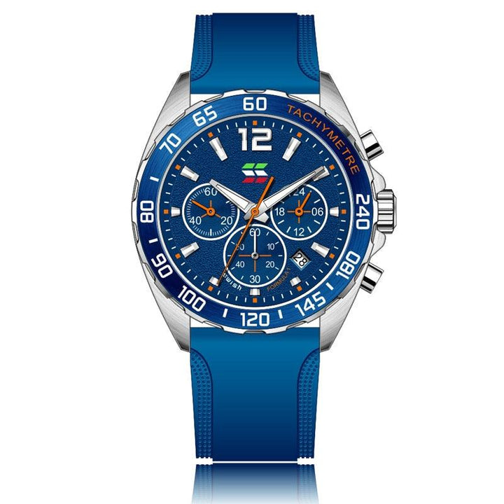 Blaue Herrenarmbanduhr mit Tachymeter, Edelstahlgehäuse, Chronograph, sportliches Design.