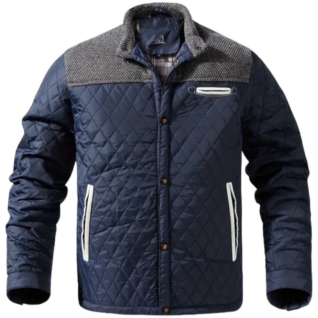 Dunkelblaue Steppjacke Herren, kariertes Futter, Reißverschlusstaschen, modisch, warm.