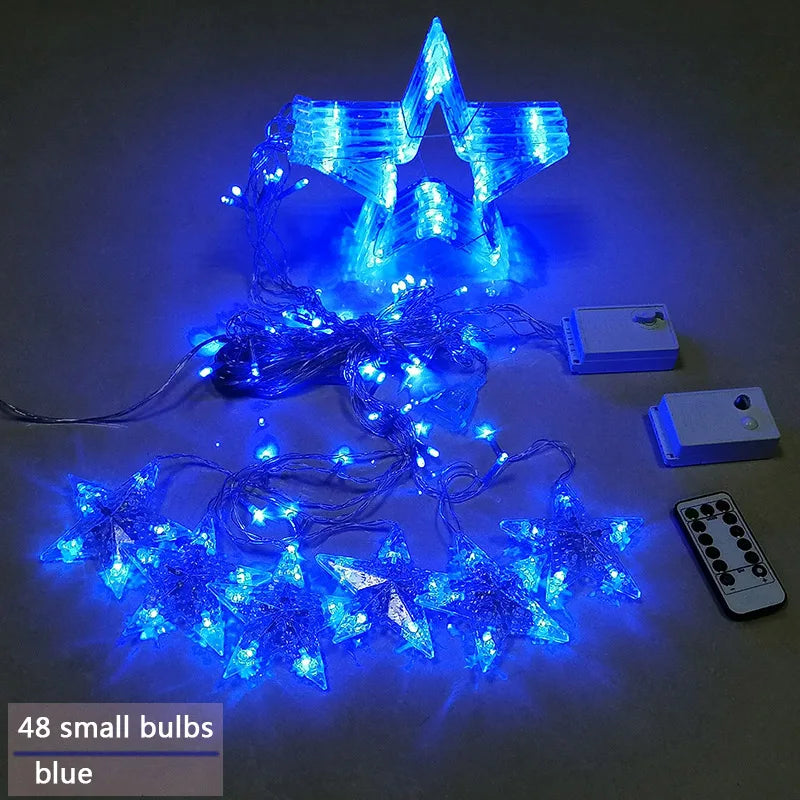Blaue LED-Stern-Lichterkette mit Fernbedienung, 48 kleine Glühbirnen, dekorative Beleuchtung.