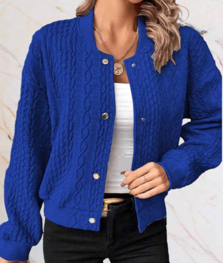 Blaue Strickjacke Damen, Zopfmuster, Knöpfe, modisch, warm, Herbstmode, Freizeitkleidung