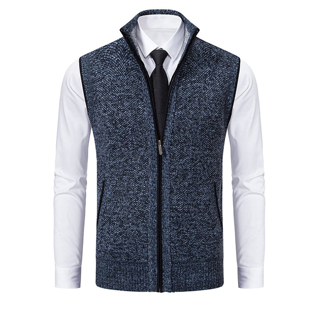 Blau-graue Herrenweste mit Reißverschluss, elegantes Design, ideal für formelle Anlässe.