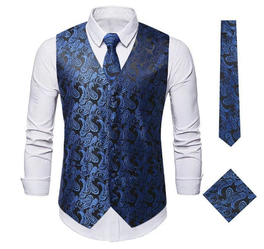 Blaues Paisley-Weste-Set mit Krawatte und Einstecktuch, Herrenmode, elegant, formell.